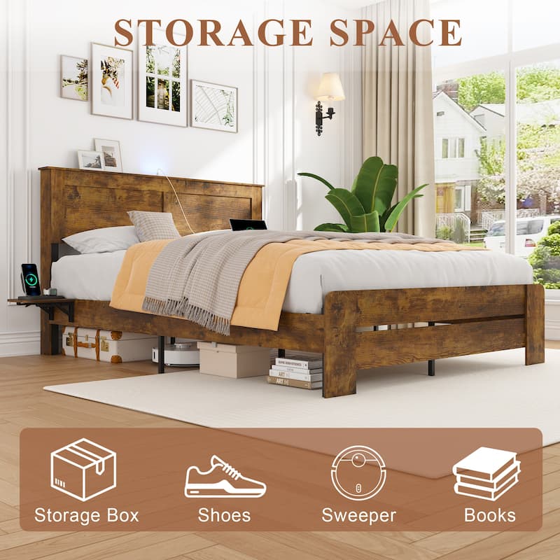Wooden Platform Bed Industrial Bed Frame with Headboard/Small Night Light/Foldable Side Tables/Charging Station/Antique Natural