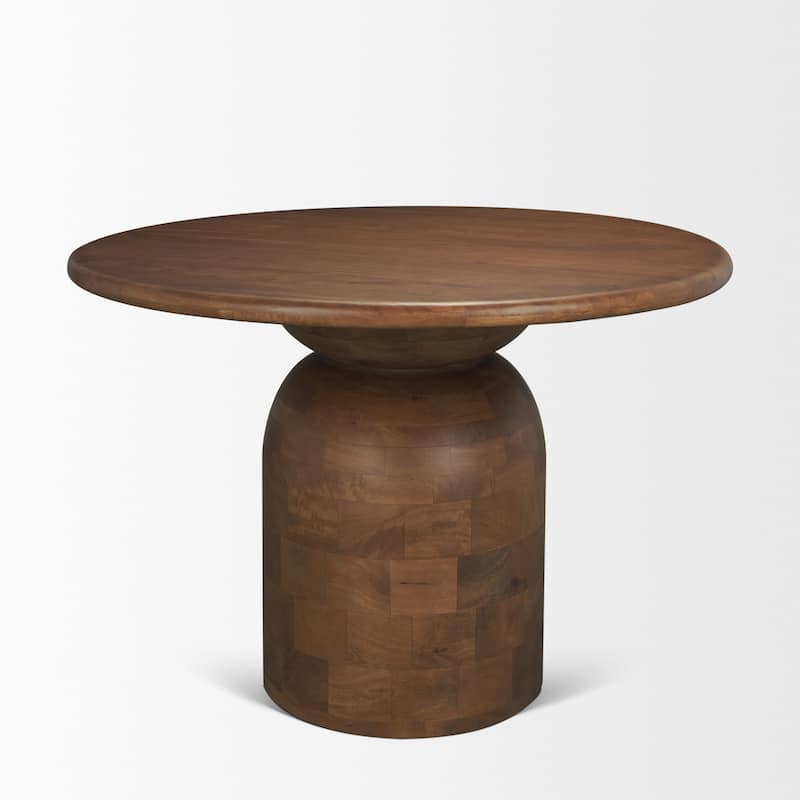Atlas 42" Black / Mid-Brown Wood Stacked Pedestal Base Round Dining Table