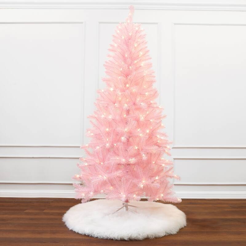 6.5Ft Pre-Lit Pink Hinged Full Artificial Christmas Tree - 78" H x 41.7" Diameter