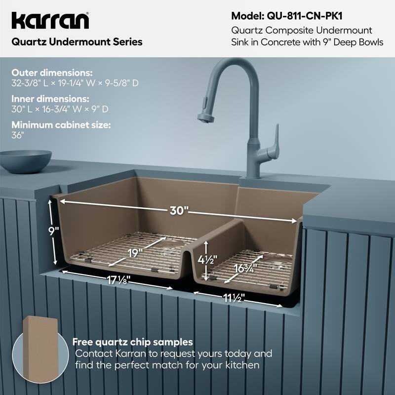 Karran 32" Undermount Large/Small Bowl Quartz Kitchen Sink Kit - 32" x 21.25" x 9"