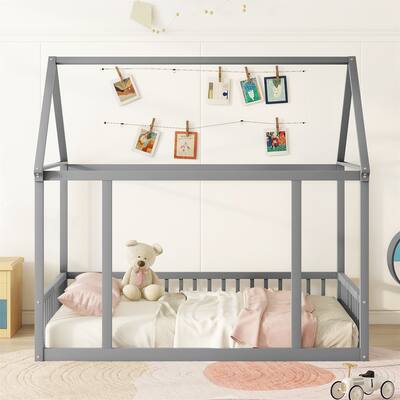 Full Size Floor Wooden Bed with House Roof Frame and Safety Guardrails