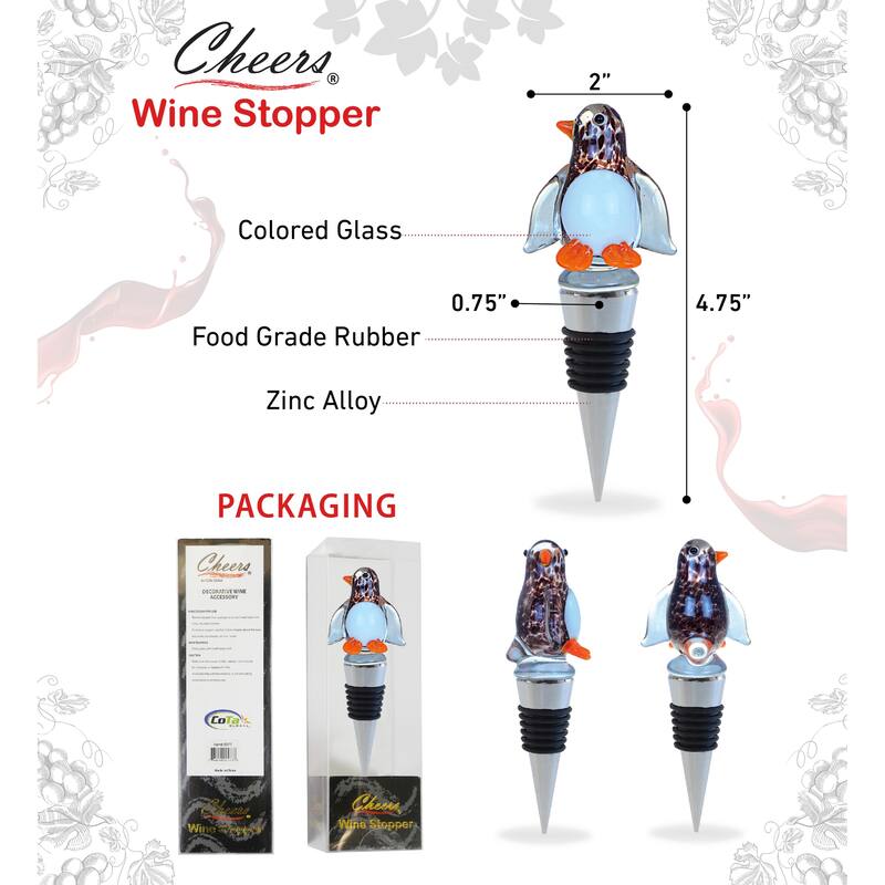 Cheers Penguin Glass Wine Stopper - Elegant Vacuum Seal Reusable - 1″Lx2″Wx4.75″H