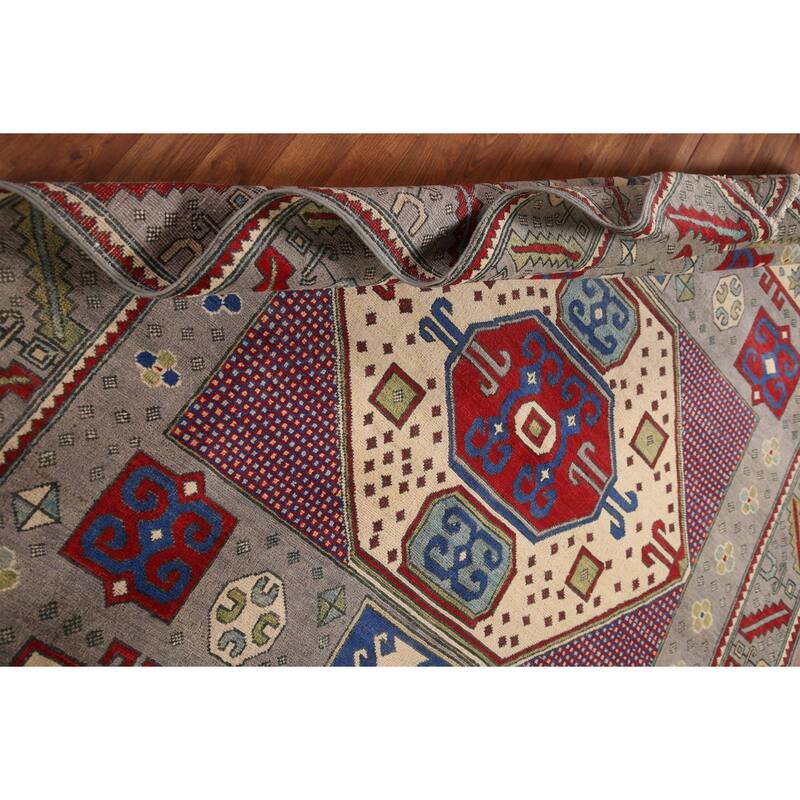 Geometric Gray Kazak Oriental Area Rug Handmade Wool Carpet - 6'4" x 9'0"