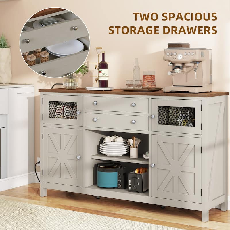 59" Coffee Bar Cabinet Barn Door Storage Cabinet With 2 Large Drawers & Visual Grid Door
