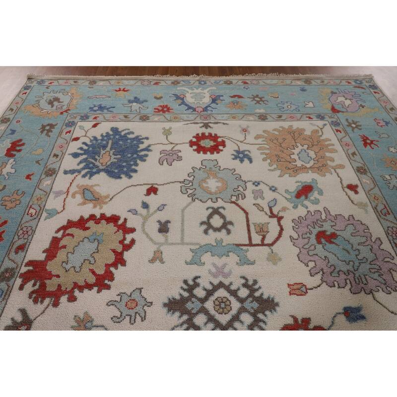 Floral Ivory & Blue Oushak Oriental Area Rug Handmade Wool Carpet - 9'0"x 11'7"