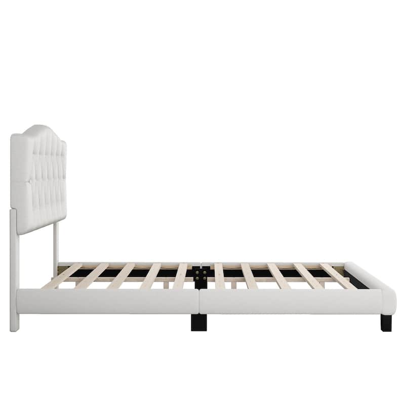 Beige Linen Upholstered Wood Platform Bed with Tufted Curved Headboard