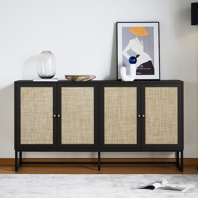 Wood Rattan 4-Door Buffet Sideboard With Storage