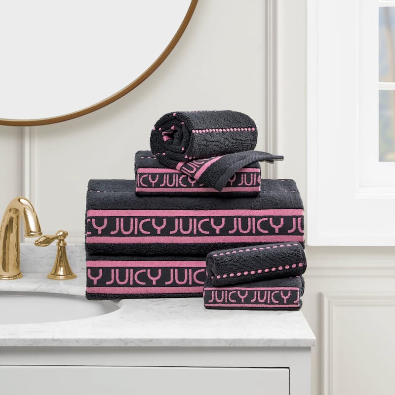 Juicy Couture Cotton Stripe 6 Piece Bath Towel Set 2 Bath towels 2 Hand towels 2 Washcloths - 28"x54"/16"x26"/12"x12" - Black