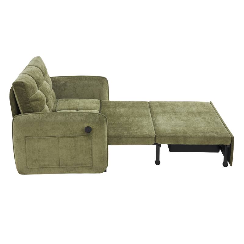 Convertible 3-in-1 Chair Bed Extra Long Pull Out Sleeper Lounge with USB Charging, Pockets, Tufted Design Chenille Single Sofa