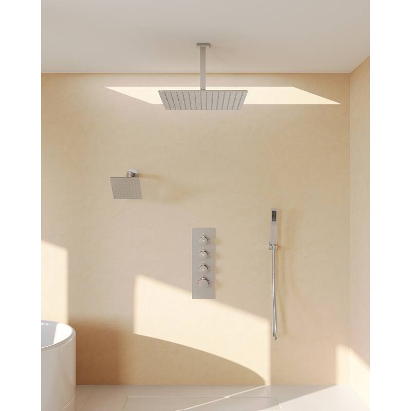 Dual Heads 16" Rainfall & High Pressure 6" Shower System w/ 3 Way Thermostatic Faucet 