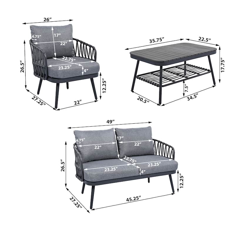 4-Piece Outdoor Patio Furniture Set, All Weather Sectional Furniture Set with Woven Rope Chairs and Coffee Table