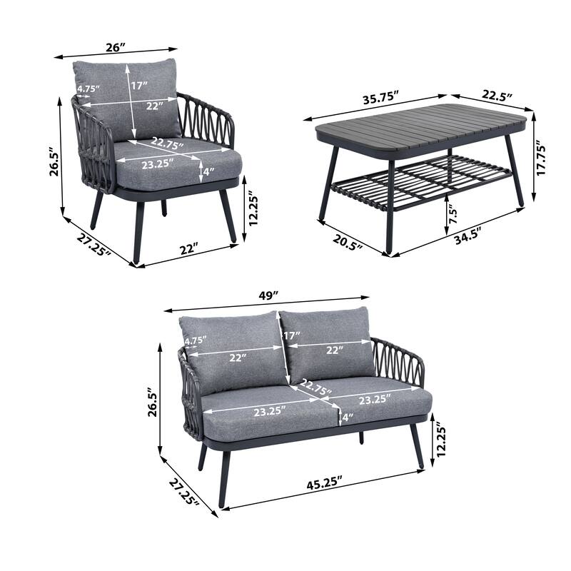 Christopher Knight Home - Elias 4-Piece Patio Conversation Set with Woven Rope Backrest and Coffee Table