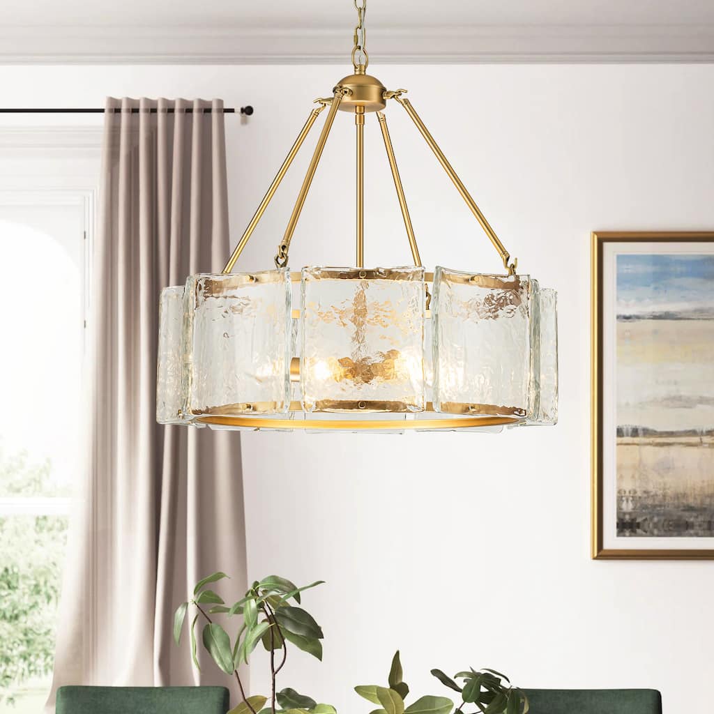 Rennnsan 26.3" 5-Light Modern Gold Drum Chandelier with Glass Shade/ Dining Room Light - 26.3 in. W x 25.1 in. H