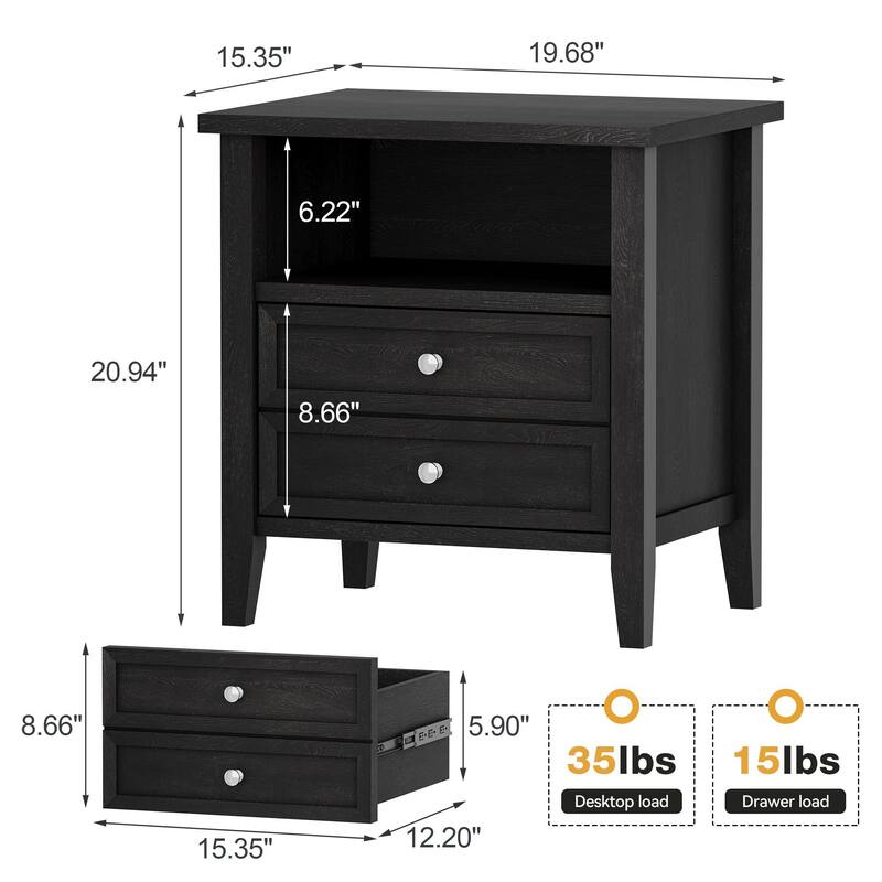 Nightstand with 2 Drawers, Nightstands with 2-Drawer & Open Cabinet