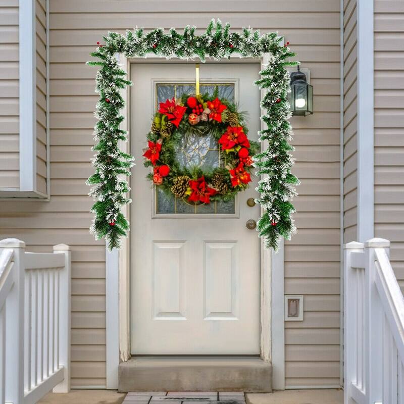 9 Feet Pre-lit Snow Flocked Tips Christmas Garland with Red Berries - Green