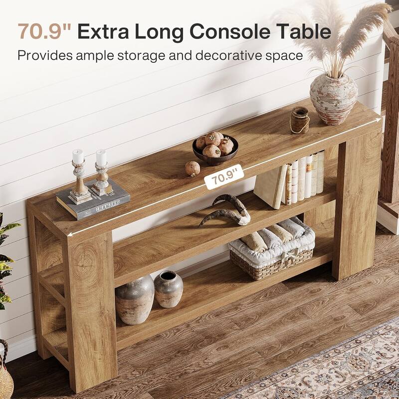70.9-Inch Extra Long Console Table with Storage, 3-Tier Narrow Wooden Sofa Table