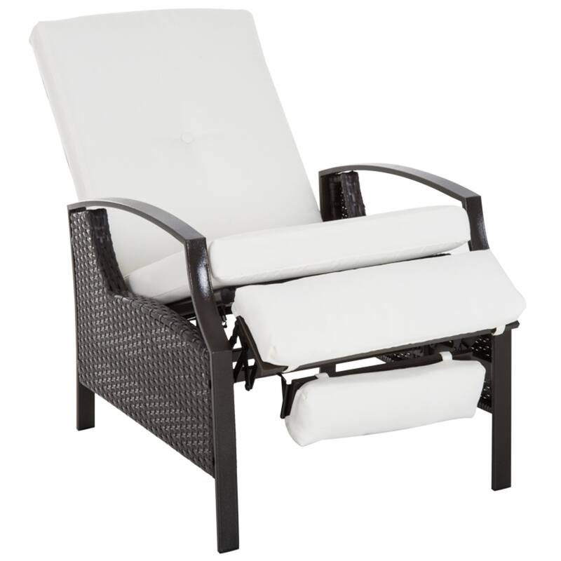 Outdoor Recliner Chair with Cushions Hand Woven PE Wicker Steel Frame Adjustable Three Position Patio Lounge Chair - Dark Brown