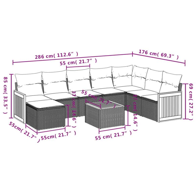 vidaXL 8 Piece Patio Sofa Set with Cushions Black Poly Rattan