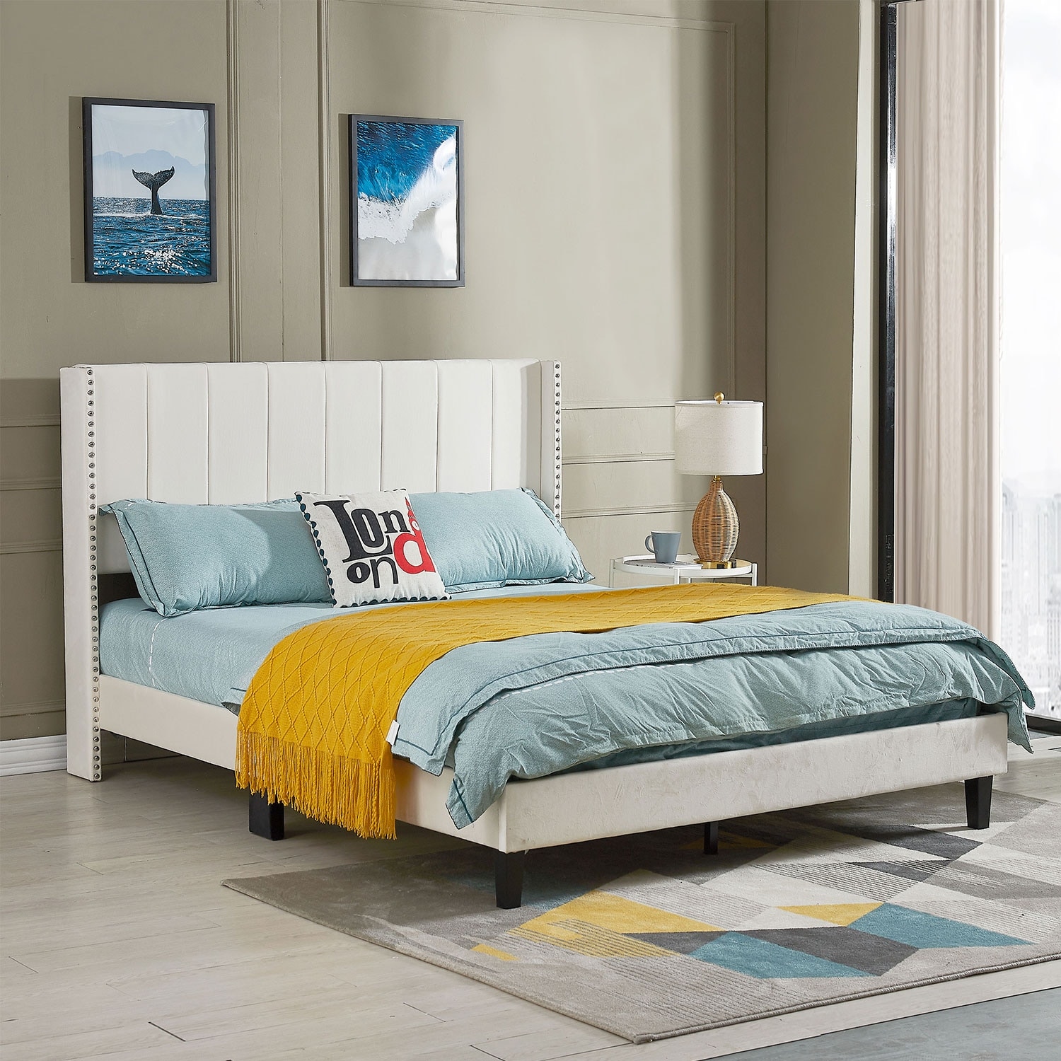 Upholstered platform bed store with slats