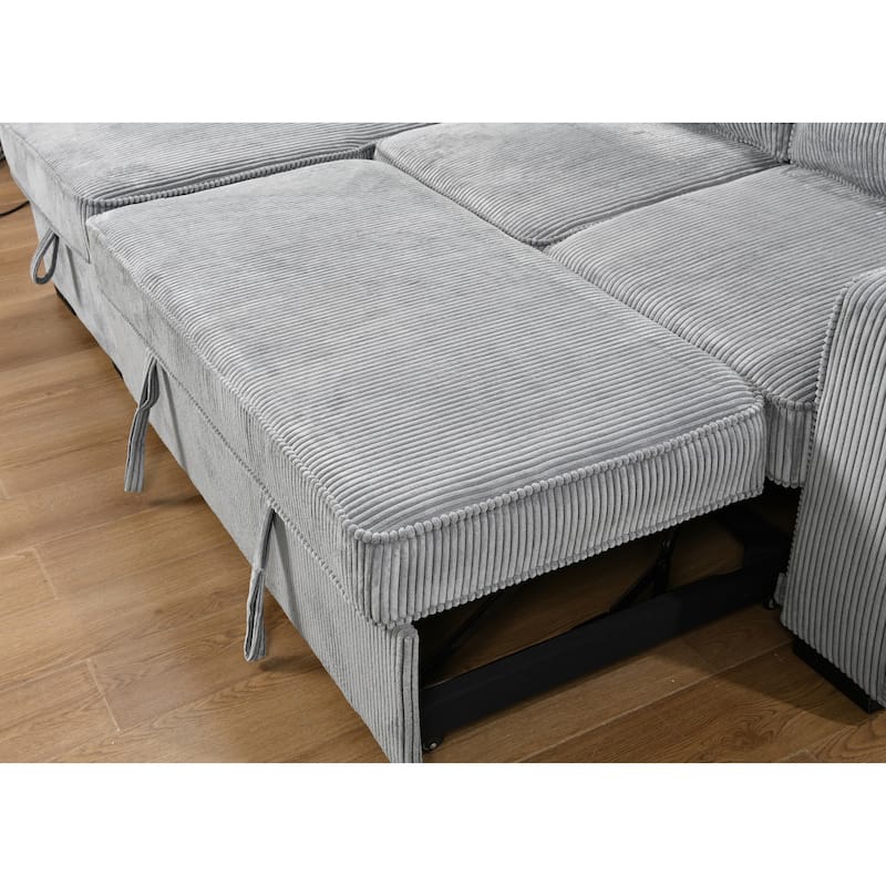 L-Shaped Sectional Convertible Sleeper Sofa Bed with Storage, USB Port & Cup Holder - Light Gray