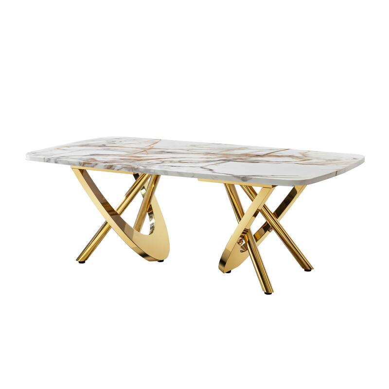 Gold Stainless Steel Marble Pattern Coffee Table 50.78" L x 27.16" W x 18.11" H for Living Room & Office