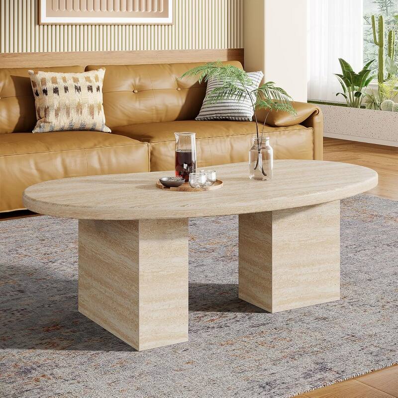 45.28 Inches Oak All Wood Modern Oval Coffee Table for Living Room