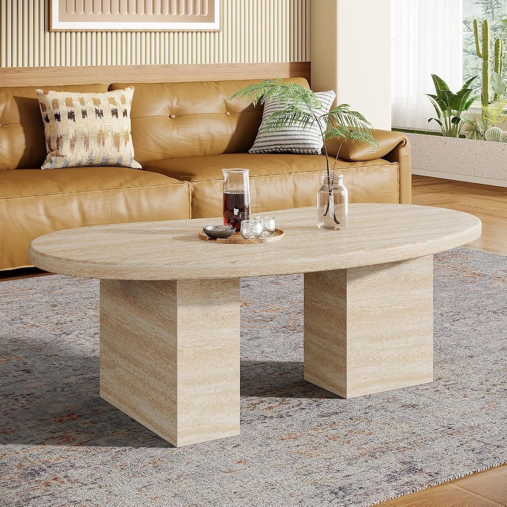 45.28 Inches Oak All Wood Modern Oval Coffee Table for Living Room