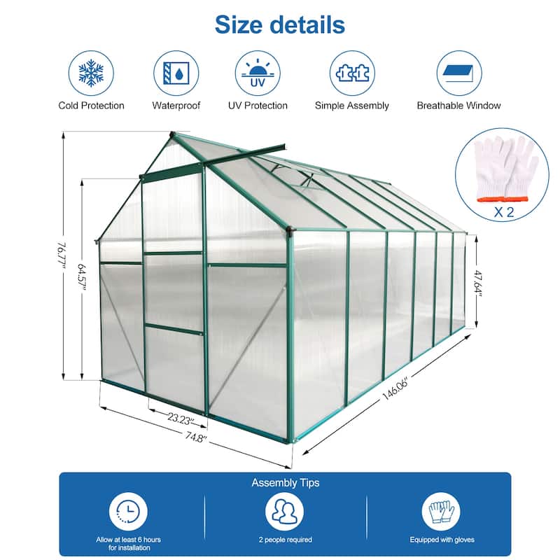 GDF Studio - Laussat Outdoor Aluminum Polycarbonate Greenhouse with Raised Base and Walk-In Design