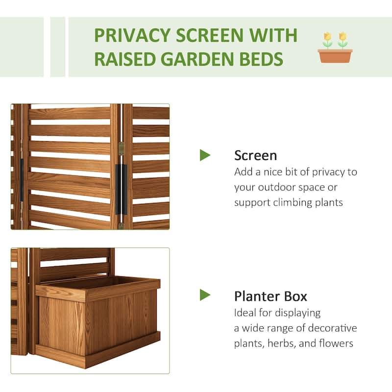 Outsunny Wood Privacy Screen with 4 Planter Box, Flower Pot Vegetable Raised Bed w/ 3 Panels and Drainage Holes for Patio