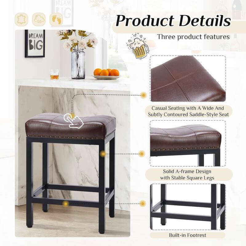 24 in. H Upholated PU Leather Thick Saddle Seat Counter Bar Stools Set of 2, Kitchen Chairs with Metal Base