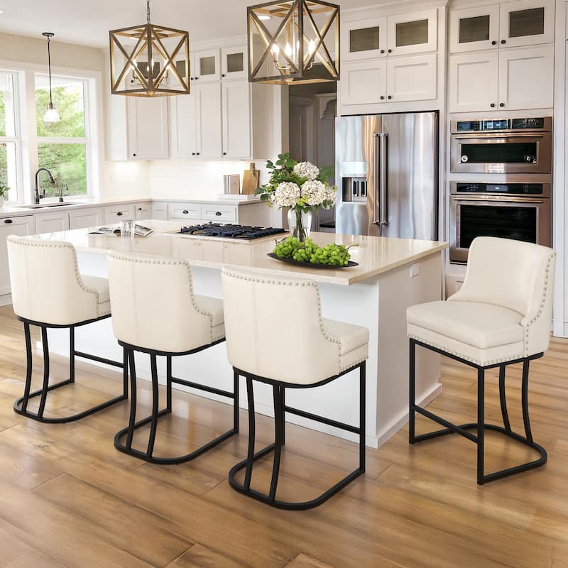 26" Modern Metal Barstools Set of 4 Upholstered Counter Height Bar stools with Back and 6" Thick Cushion for Kitchen Island - Ivory/Faux Leather