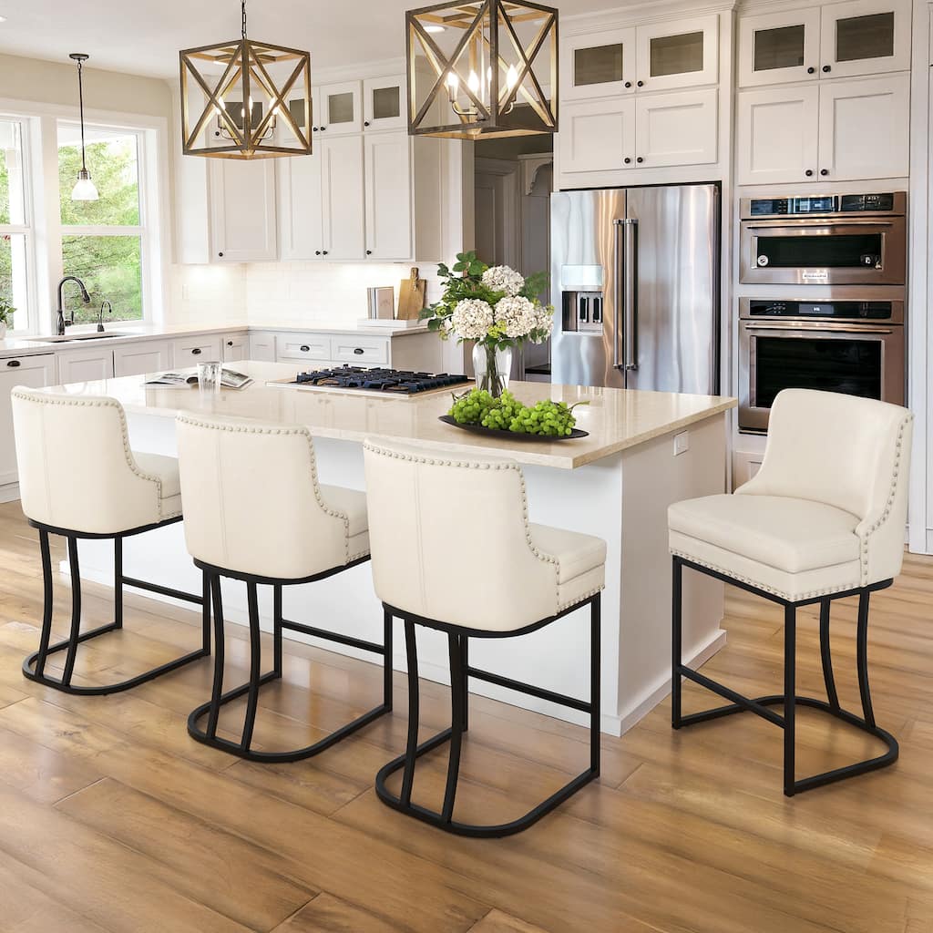 26" Modern Metal Barstools Set of 4 Upholstered Counter Height Bar stools with Back and 6" Thick Cushion for Kitchen Island
