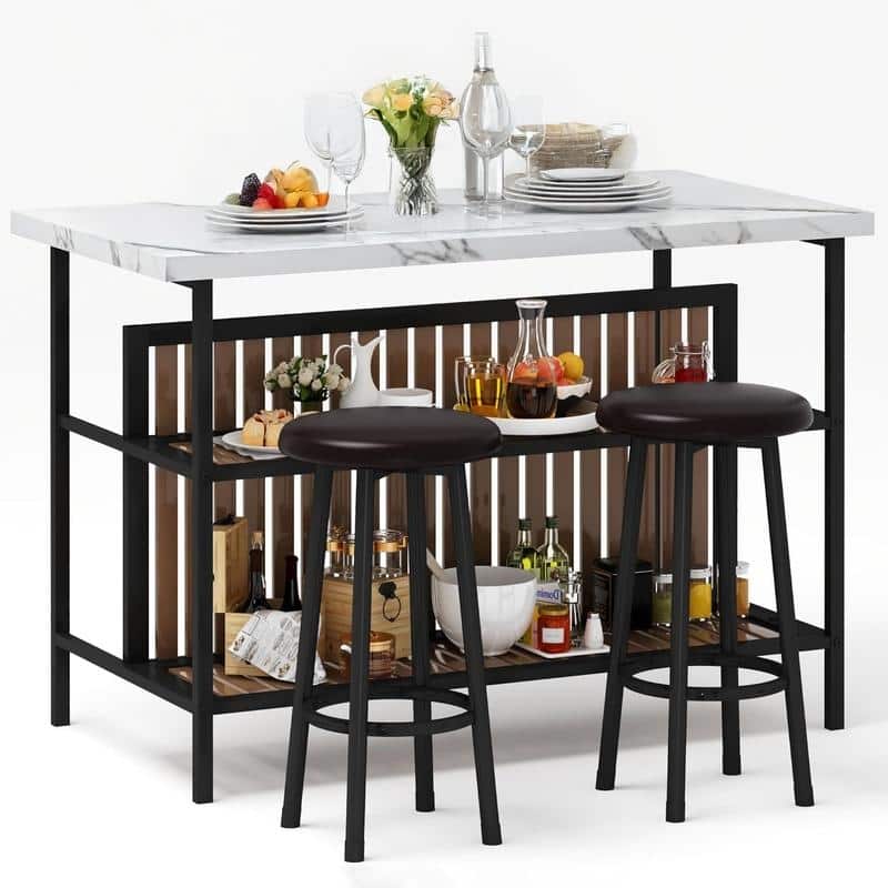 Grondin Mid-Century Modern 3-Piece Faux Marble Top Kitchen Island Set with 2 Stools and Shelves