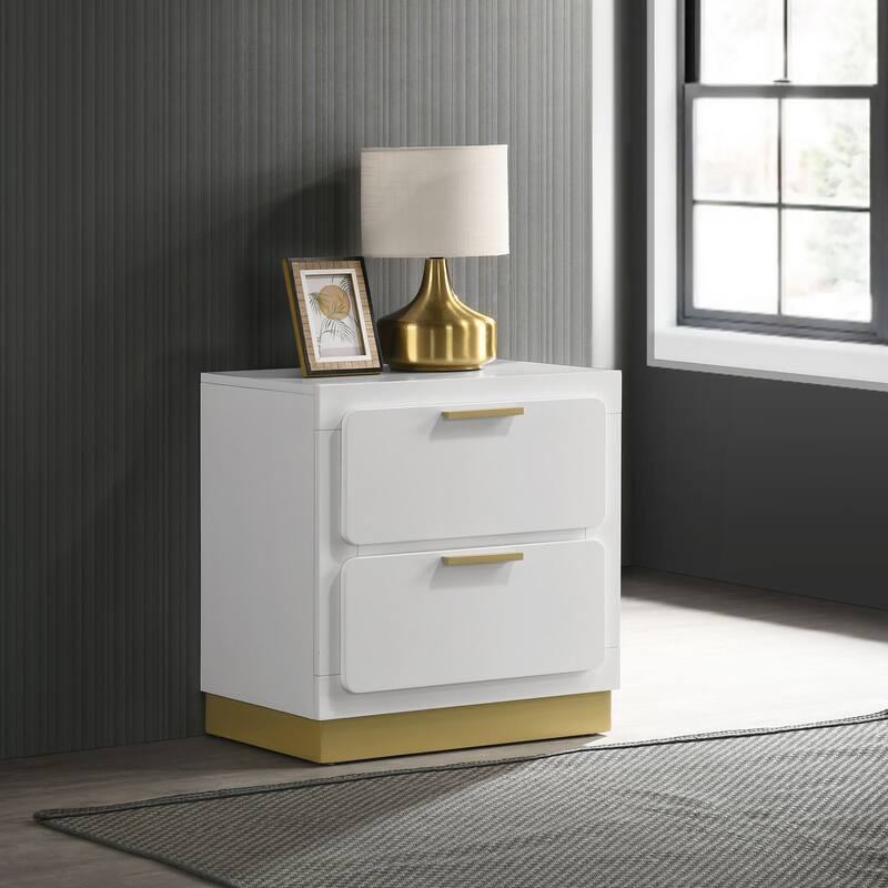Contemporary 2-Drawer Nightstand with Black Base and Gold Accents - White