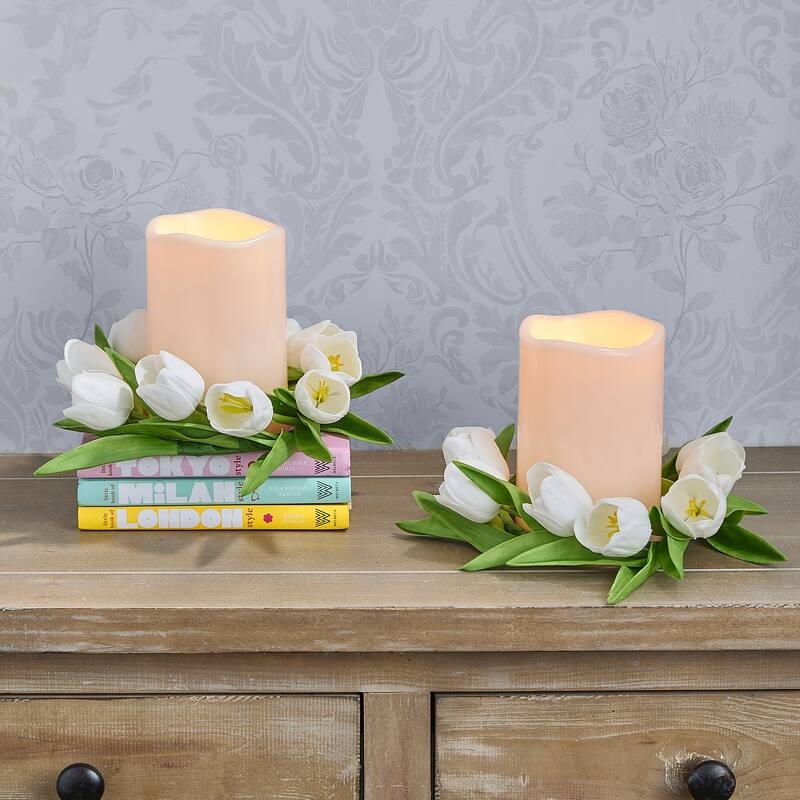 11" Pu Tulip Candle Ring - White