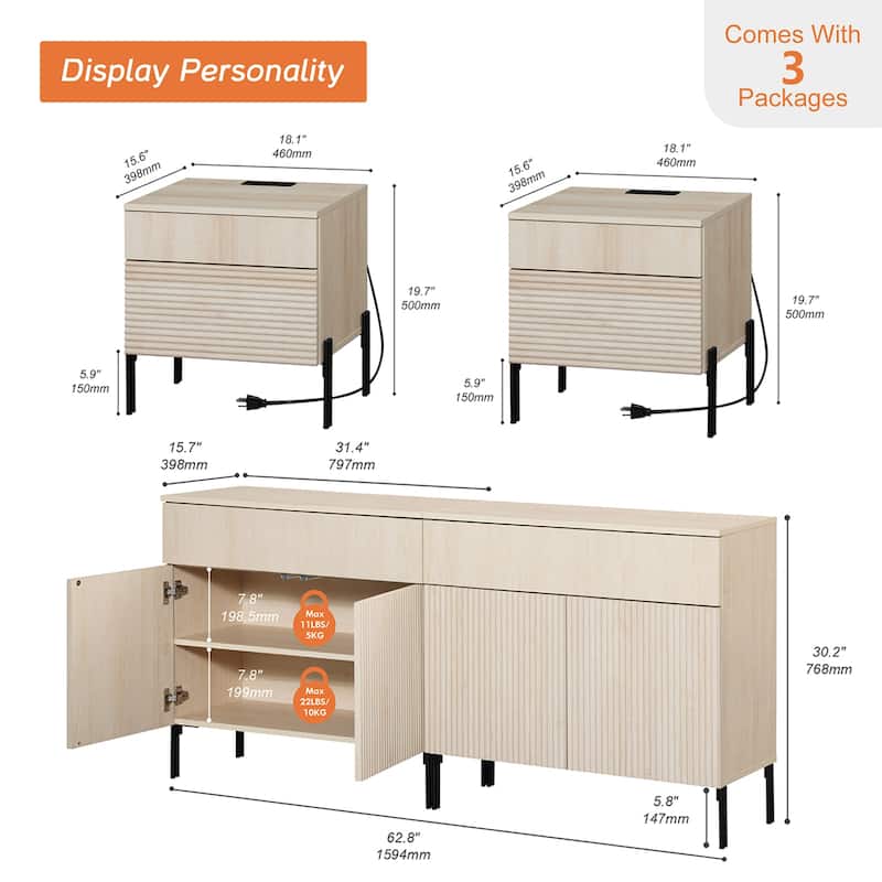 4 Pcs Bedroom Set，Wooden Dresser and Nightstand Sets, Reeded Dresserwith Doors, Night Stand of 2 with Charging