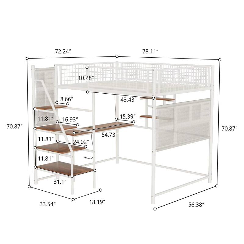 Loft Metal Bed with Built In Desk, Charging Station and LED Lighting