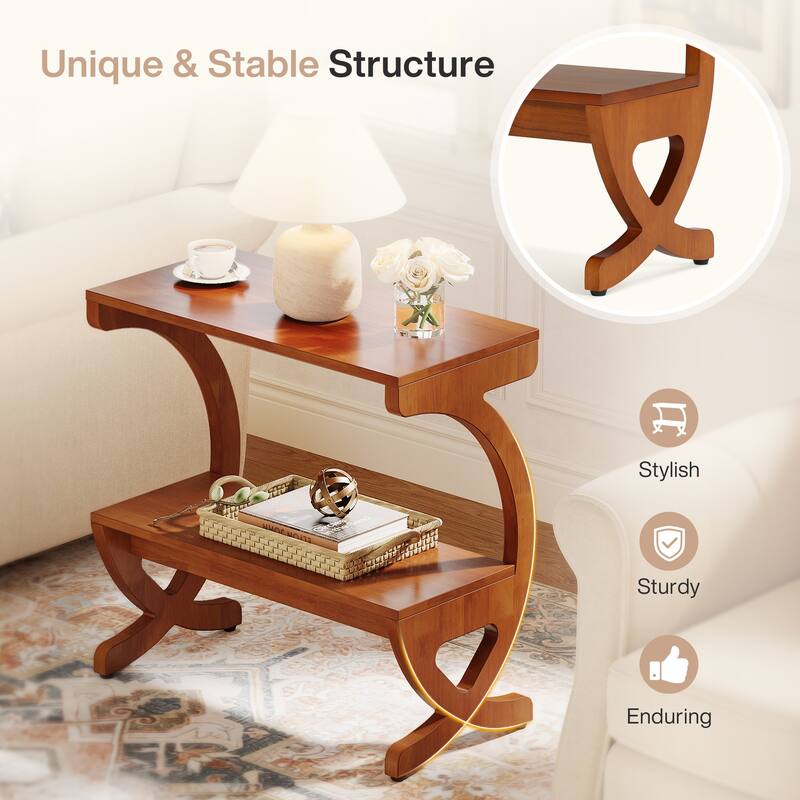 Modern 2-Tier Wood End Table with Curved Crossed Legs