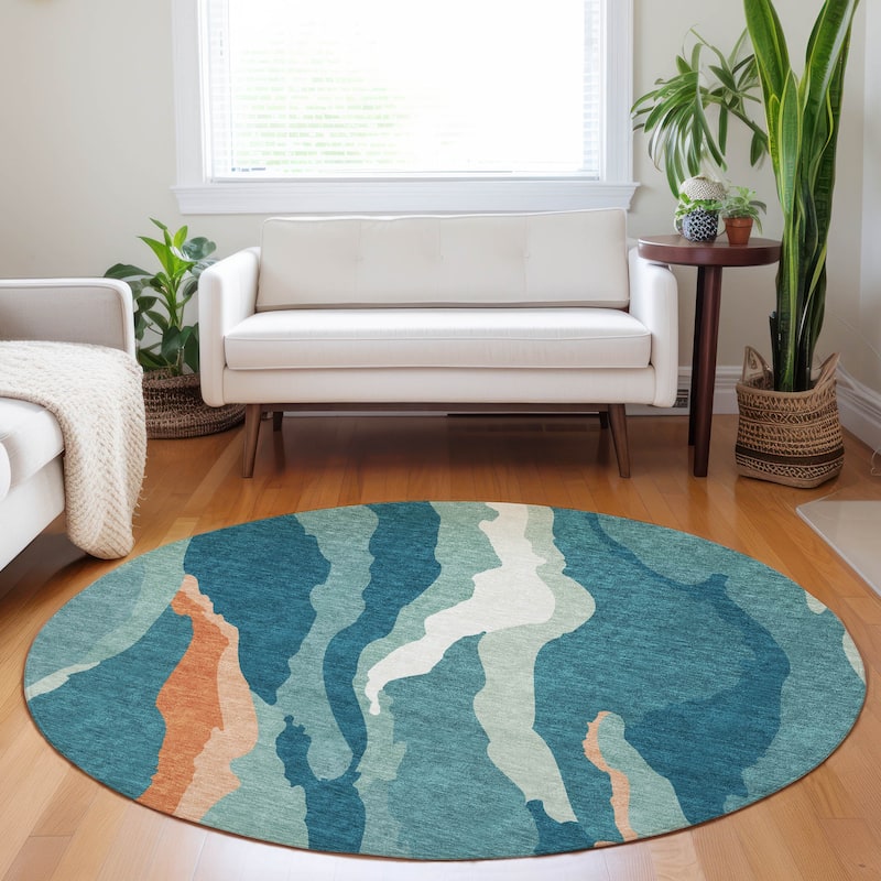 Machine Washable Indoor/ Outdoor Abstract Contemporary Chantille Rug - Teal - 8' x 8'