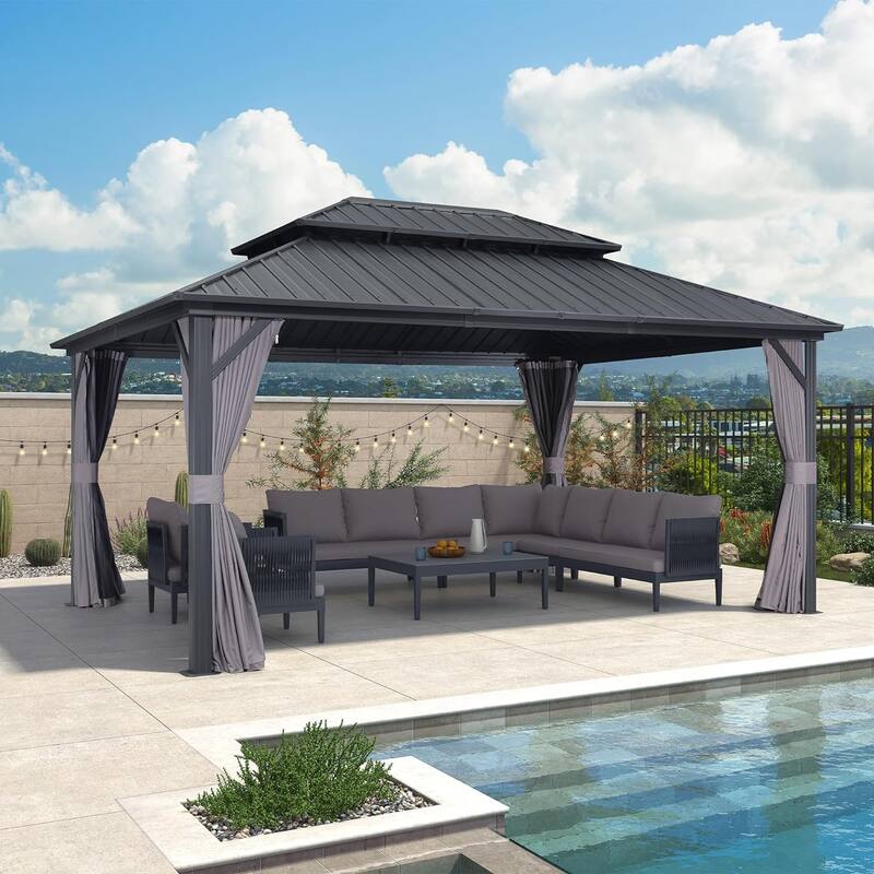 PURPLE LEAF Gazebo Outdoor Gazebo with Dual-Layer Galvanized Steel Double Roof Aluminum Gazebo with Netting and Curtains Grey