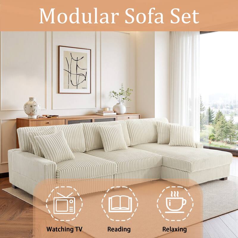 118.3" W Plush Corduroy Square Arm Upholstered Sectional Modular Sofa