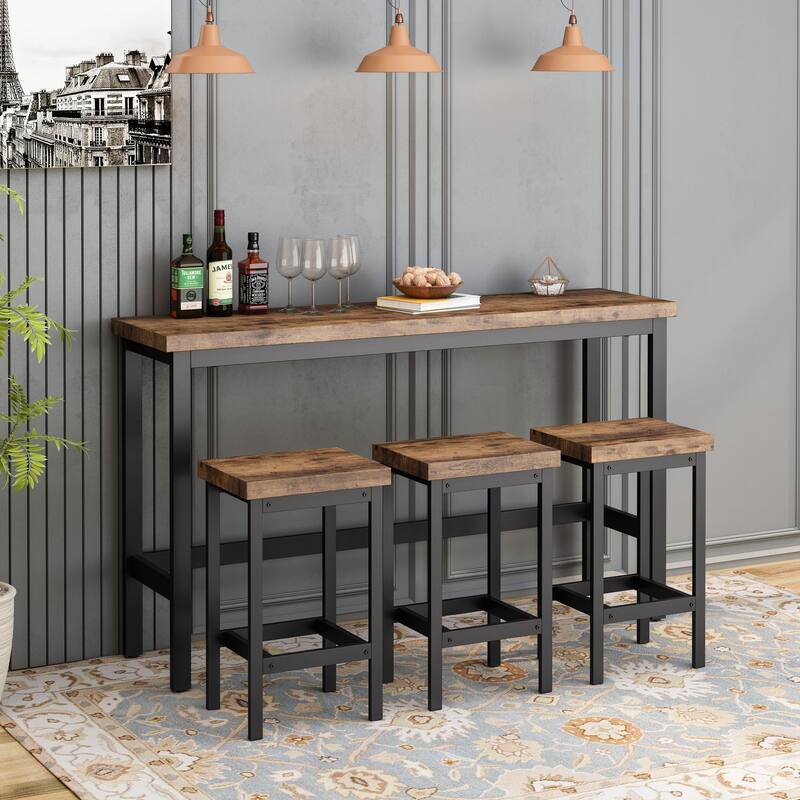 Counter Height Extra Long Dining Table Set with 3 Stools Pub Kitchen Set Side Table with Footrest - Brown