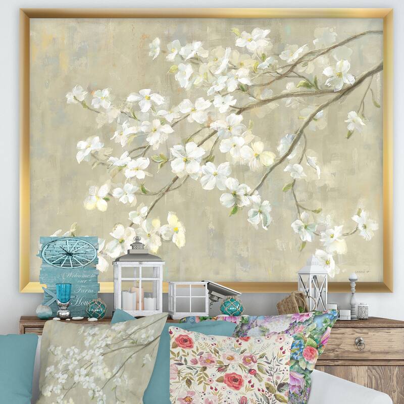 Designart "Dogwood in Spring Neutral" Farmhouse Framed Art Print - 44 in. wide x 34 in. high - Gold