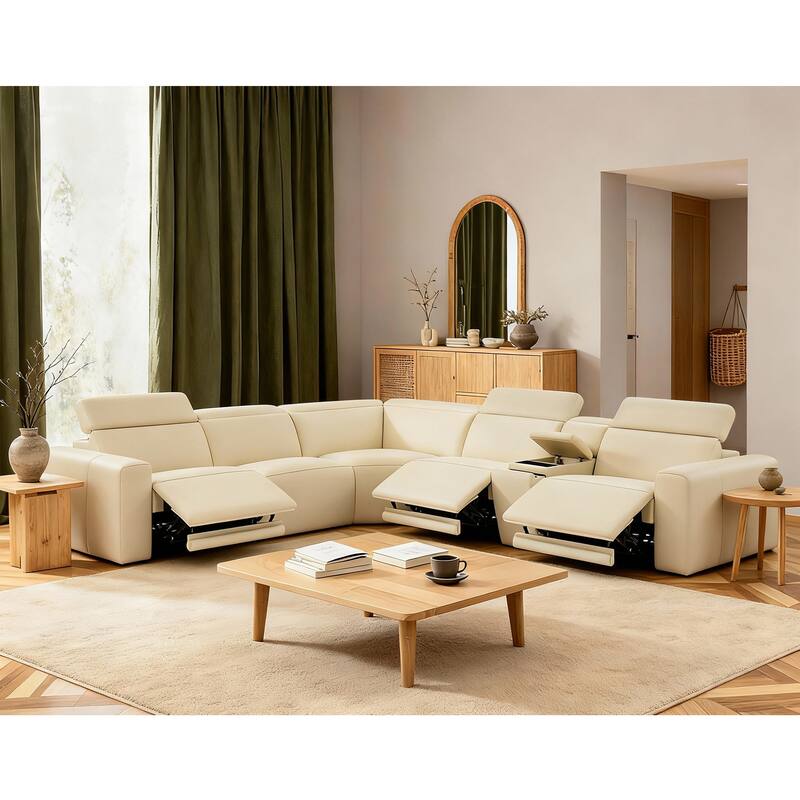 6PCS, 3 power Recliners, Leather Reclining Large Sectional with Power Headrest, Wireless Charging