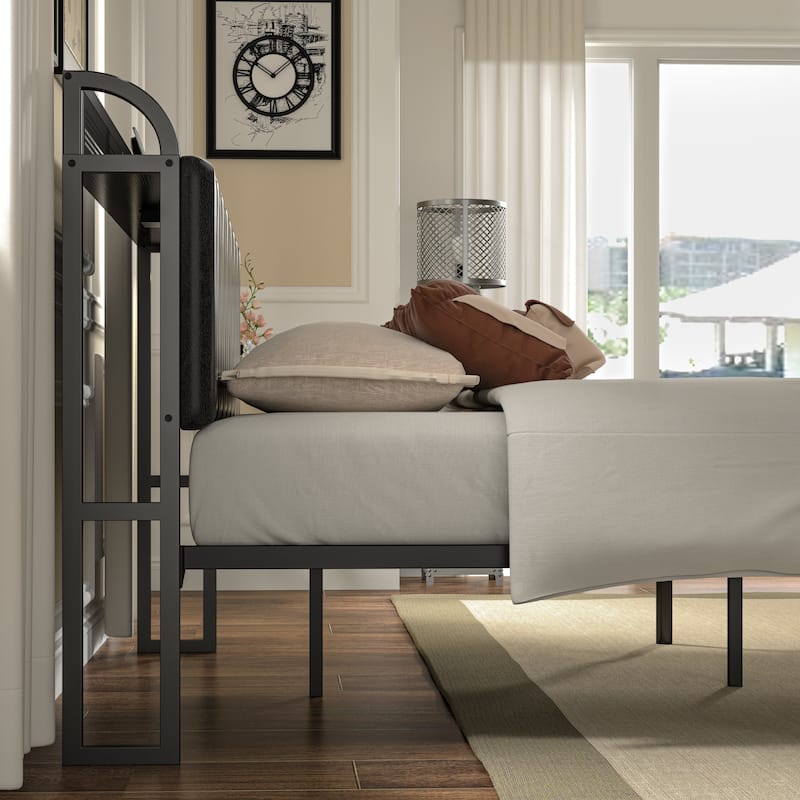 VECELO Bed Frame with Storage Bench, Modern Leather Bedframe with Charging Stations, Headboard and Bed End Stool