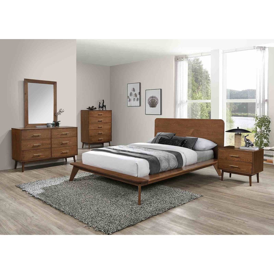 Modern Walnut Finish Wooden Bedroom Set Platform Bed Dresser Mirror Chest Nightstand