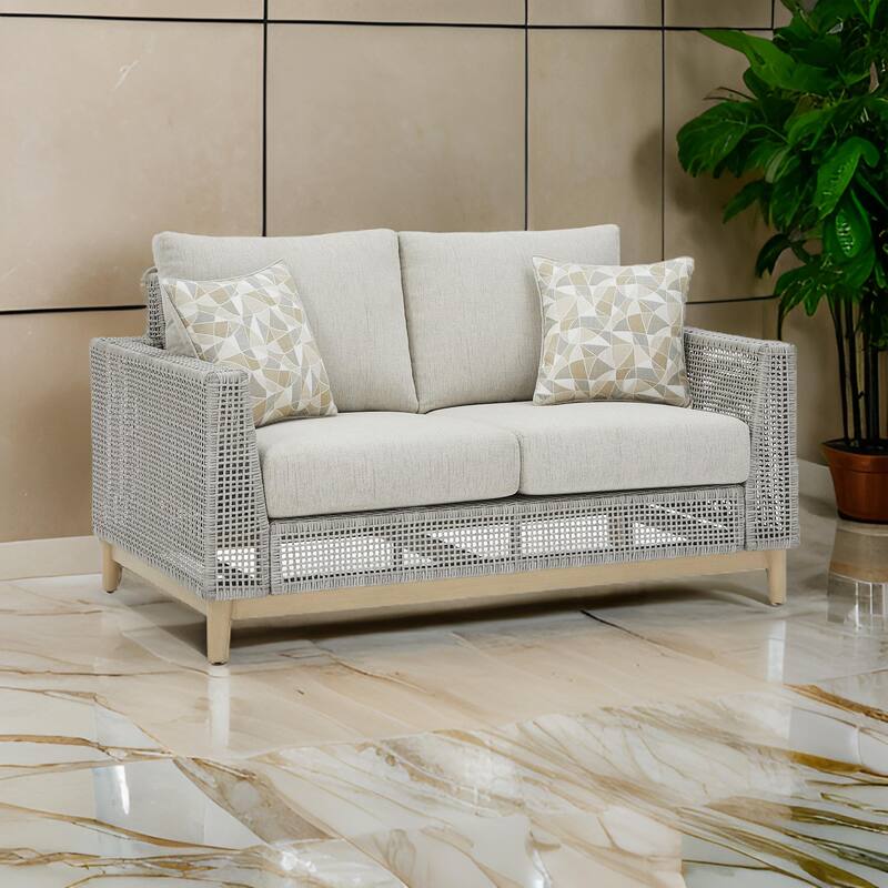 Yami 59 Inch Outdoor Loveseat, 2 Accent Throw Pillows, Gray Resin Wicker