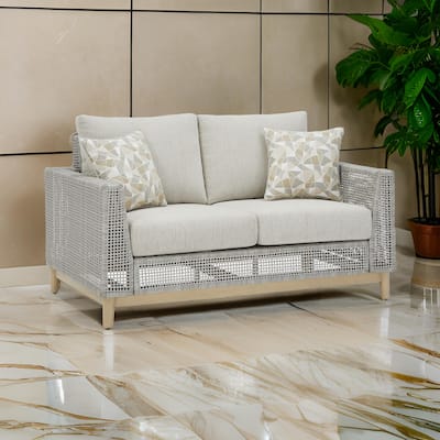 Yami 59 Inch Outdoor Loveseat, 2 Accent Throw Pillows, Gray Resin Wicker
