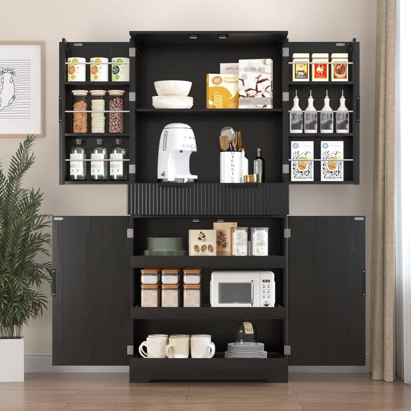 Kitchen Pantry Cabinet with 3 Pull Out Shelves, Pantry Storage Cabinet w/ 6 Door Shelf & Adjustable Shelf, Freestanding Cupboard