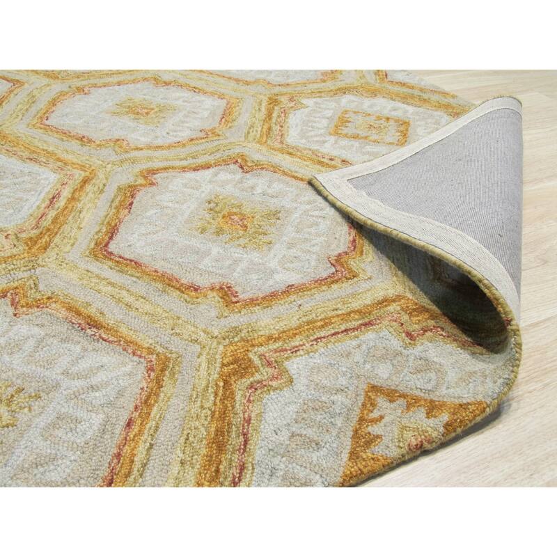 Gold Hand-Tufted Wool Transitional Geometric Rug, 5' x 8', Stylish Statement Accent - L